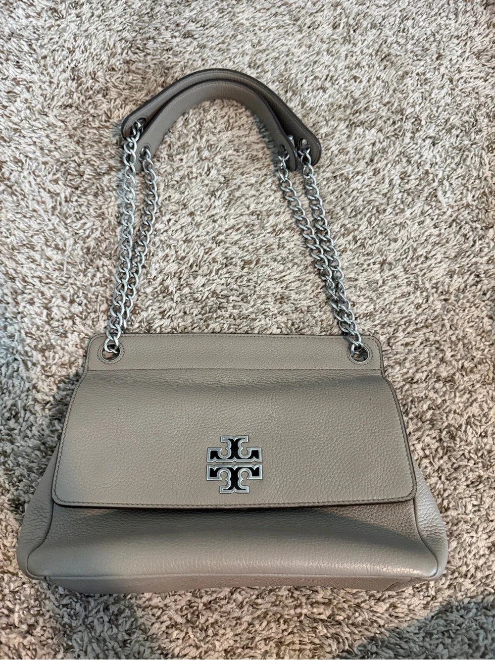 Tory Burch Pebbled Gray Leather Chain-Handle Shoulder Bag